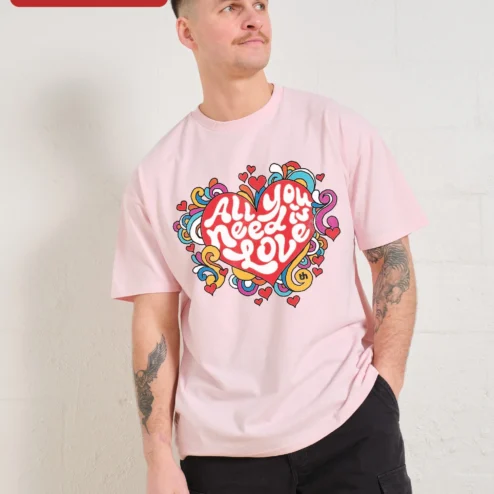 Customer in Chicago, Illinois wearing All You Need Is Love Retro Psychedelic Tee Beatles Inspired Hippie Graphic Shirt