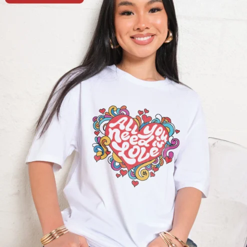 Close-up of All You Need Is Love Retro Psychedelic Tee Beatles Inspired Hippie Graphic Shirt for streetwear fans in Chicago, Illinois