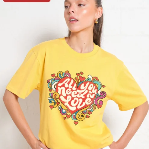 Customer in Chicago, Illinois wearing All You Need Is Love Retro Psychedelic Tee Beatles Inspired Hippie Graphic Shirt