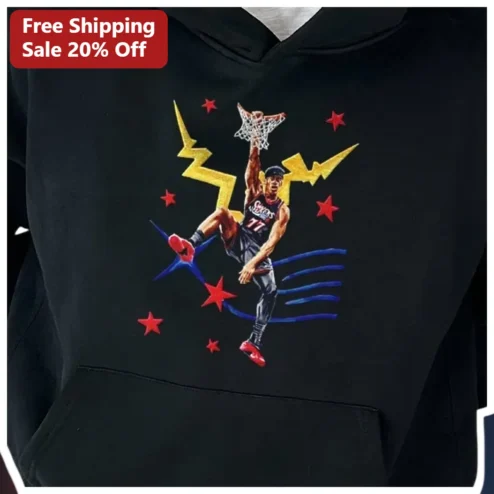 Allen Iverson Hoodie Black Philadelphia 76ers Basketball Dunk Graphic Pullover Retro Sports Apparel