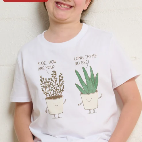 Aloe How Are You Long Thyme No See Kids Tee Cute Plant Pun Graphic Shirt for Gardeners on a hanger, ready to ship from Chicago, Illinois