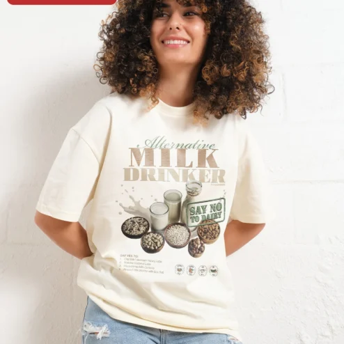 Customer in Chicago, Illinois wearing Alternative Milk Drinker Say No To Dairy Graphic Tee Plant Based Coffee Lover Gift