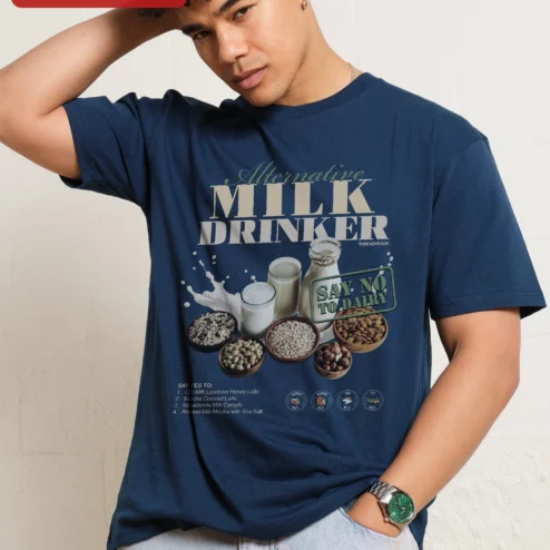 Close-up of Alternative Milk Drinker Say No To Dairy Graphic Tee Plant Based Coffee Lover Gift for streetwear fans in Chicago, Illinois