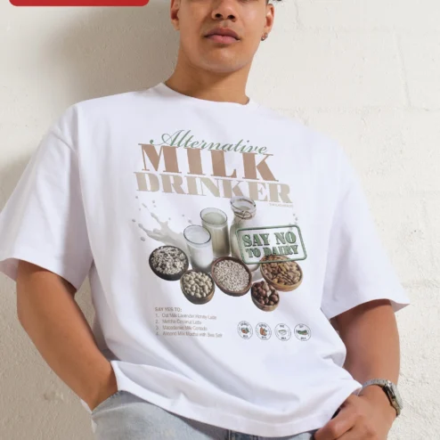 Customer in Chicago, Illinois wearing Alternative Milk Drinker Say No To Dairy Plant Based Vegan Graphic Tee