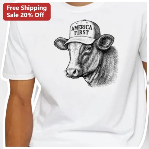 America First Cow Trucker Hat Graphic Tee Patriotic Farm Animal Humor Shirt for Farmers and Ranchers