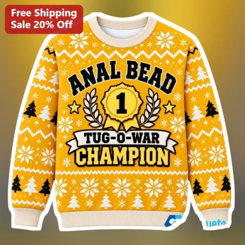 Anal Bead Tug-O-War Champion Ugly Christmas Sweatshirt Funny Holiday Gag Gift Crewneck available at our Chicago, Illinois warehouse