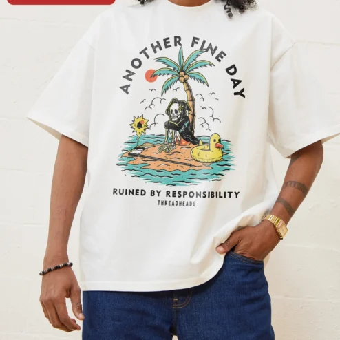 Customer in Chicago, Illinois wearing Another Fine Day Ruined by Responsibility Funny Adulting Tee Sarcastic Skeleton Graphic T-Shirt for