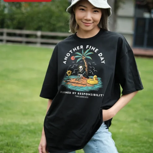 Another Fine Day Ruined by Responsibility Funny Adulting Tee Sarcastic Skeleton Graphic T-Shirt for Women Men Gift