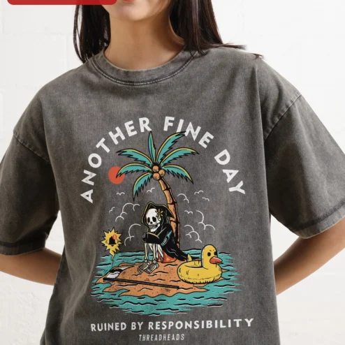 Another Fine Day Ruined by Responsibility Funny Skeleton Pirate Tee Vintage Cartoon Graphic Shirt on a hanger, ready to ship from Chicago, Illinois