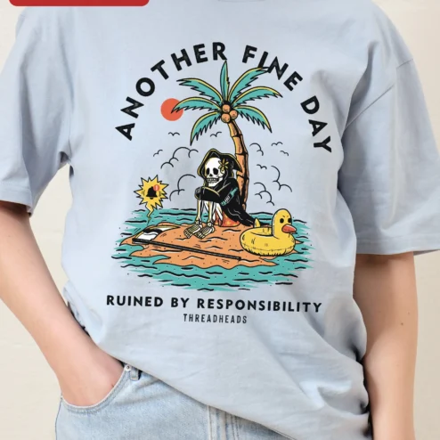 Customer in Chicago, Illinois wearing Another Fine Day Ruined by Responsibility Grim Reaper Tee Funny Adulting Shirt for Men Women