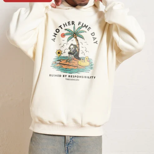 Customer in Chicago, Illinois wearing Another Fine Day Ruined By Responsibility Hoodie Funny Adulting Grim Reaper Vacation Graphic Sweatsh