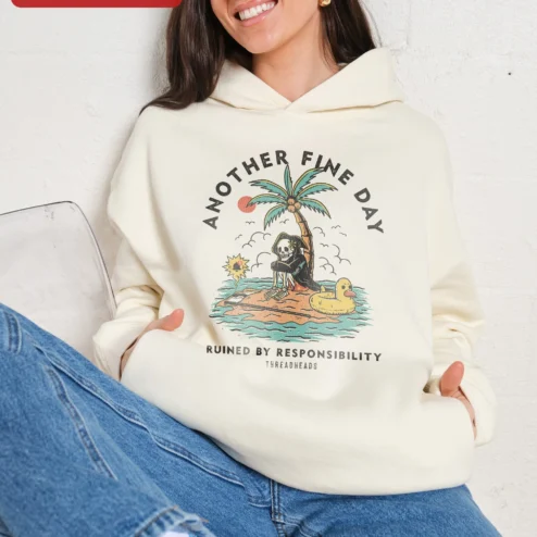 Close-up of Another Fine Day Ruined By Responsibility Hoodie Funny Adulting Grim Reaper Vacation Graphic Sweatsh for streetwear fans in Chicago, Illinois