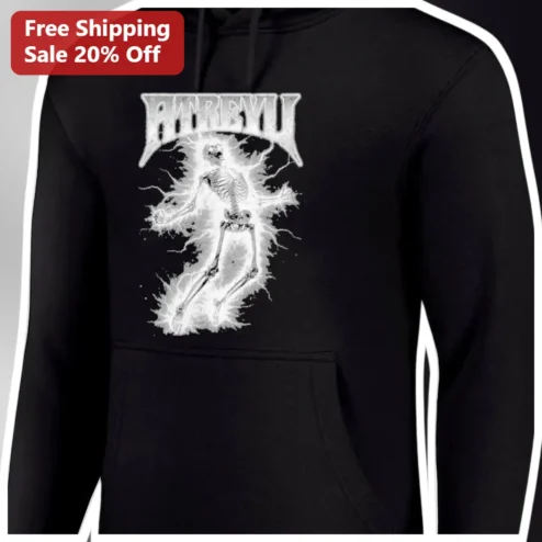ANREVYU Hoodie Black Pullover Skeleton Lightning Graphic Heavy Metal Merch