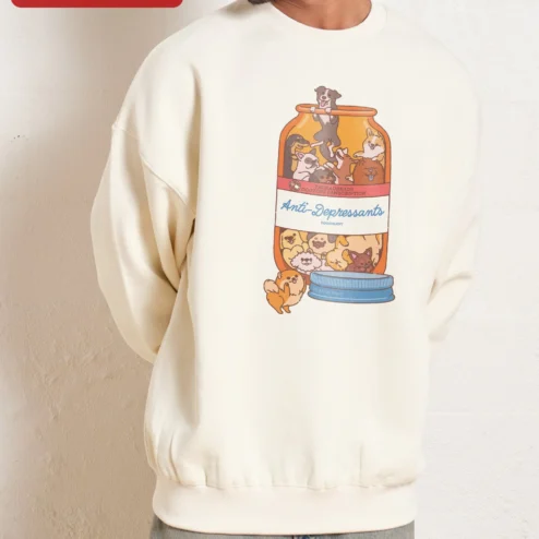 Anti-Depressants Dog Edition Sweatshirt Funny Pet Medicine Humor Crewneck for Psychology Students on a hanger, ready to ship from Chicago, Illinois