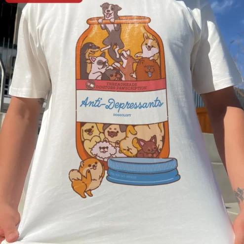 Anti-Depressants Dog Edition Tee Funny Pet Lover Gift Retro Graphic T-Shirt on a hanger, ready to ship from Chicago, Illinois