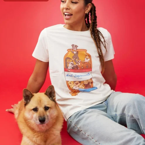 Close-up of Anti-Depressants Dog Edition Tee Funny Pet Lover Gift Retro Graphic T-Shirt for streetwear fans in Chicago, Illinois