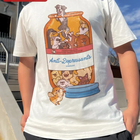 Anti-Depressants Dog Edition Tee Funny Pet Lover Gift Retro Graphic T-Shirt