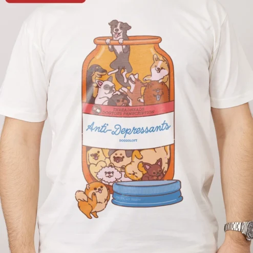 Customer in Chicago, Illinois wearing Anti-Depressants Dog Edition Tee Funny Pet Lover Gift Retro Graphic T-Shirt