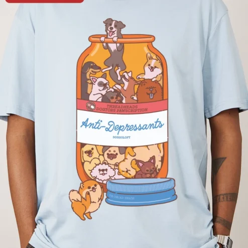 Close-up of Anti-Depressants Dog Edition Tee Funny Pet Lover Gift Retro Graphic T-Shirt for streetwear fans in Chicago, Illinois