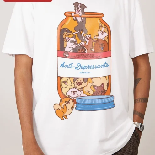 Customer in Chicago, Illinois wearing Anti-Depressants Dog Edition Tee Funny Pet Lover Gift Retro Graphic T-Shirt