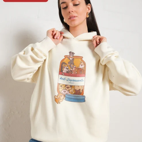 Anti-Depressants DoggoLoft Hoodie Funny Mental Health Awareness Gift for Dog Lovers on a hanger, ready to ship from Chicago, Illinois