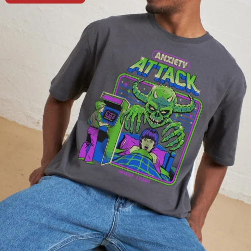 Anxiety Attack Insert Coins Retro Arcade Tee Funny Mental Health Gift for Gamers Horror Fans on a hanger, ready to ship from Chicago, Illinois
