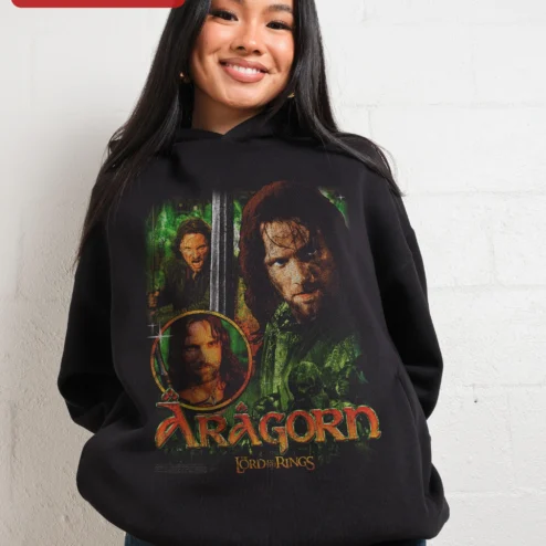 Aragorn Lord of the Rings Hoodie Vintage Strider Ranger of the North Middle Earth Fantasy Apparel on a hanger, ready to ship from Chicago, Illinois