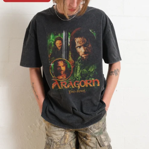 Aragorn Lord of the Rings Vintage Acid Wash Graphic Tee Strider Elessar Fantasy Movie Merch Gift