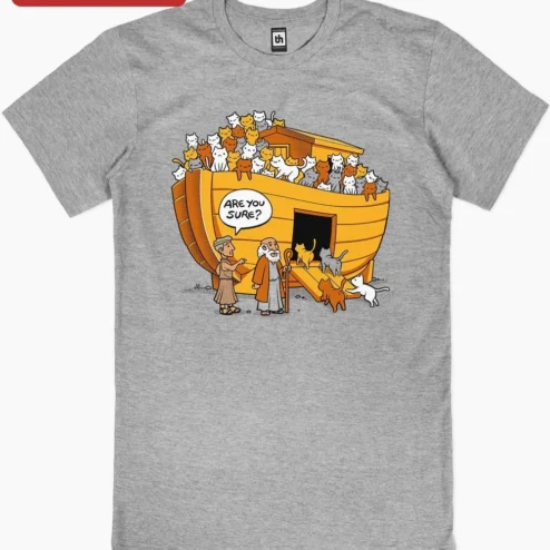 Customer in Chicago, Illinois wearing Are You Sure? Noah's Ark Cat Graphic Tee Funny Biblical Humor Shirt