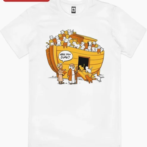 Close-up of Are You Sure? Noah's Ark Cat Graphic Tee Funny Biblical Humor Shirt for streetwear fans in Chicago, Illinois