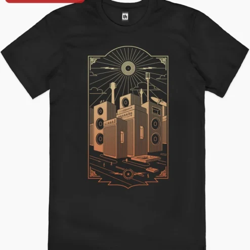 Art Deco Music Cityscape Graphic Tee Vintage Jazz Age Audio Equipment Shirt for Musicians and Retro on a hanger, ready to ship from Chicago, Illinois