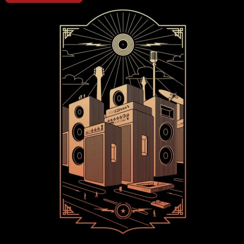Art Deco Music Cityscape Graphic Tee Vintage Jazz Age Audio Equipment Shirt for Musicians and Retro Style Lovers