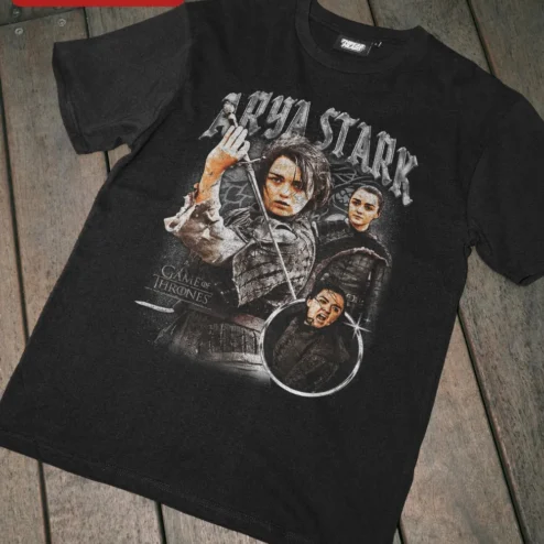 Arya Stark Game of Thrones Tee Vintage House Stark Winterfell Graphic Shirt for Fantasy Fans on a hanger, ready to ship from Chicago, Illinois