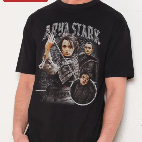Customer in Chicago, Illinois wearing Arya Stark Game of Thrones Tee Vintage House Stark Winterfell Graphic Shirt for Fantasy Fans