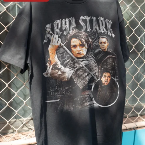 Customer in Chicago, Illinois wearing Arya Stark Game of Thrones Tee Vintage House Stark Winterfell Graphic Shirt for Fantasy Fans