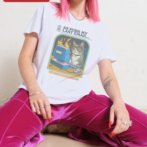 As Purr My Last Email Funny Cat Office Humor Graphic Tee for Women on a hanger, ready to ship from Chicago, Illinois