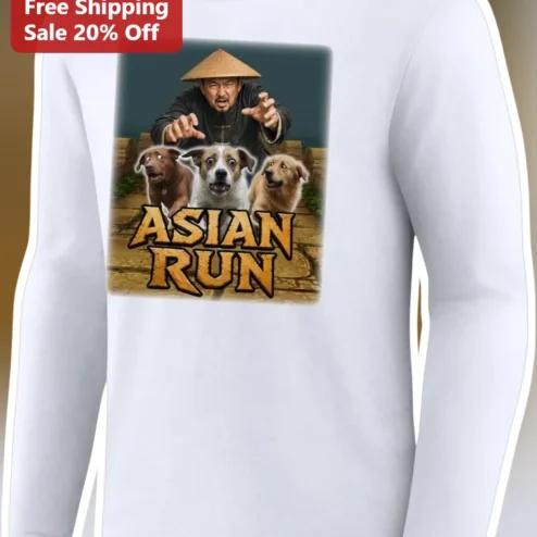 ASIAN RUN Jackie Chan Martial Arts Parody Long Sleeve Tee Funny Kung Fu Dog Lover Gift