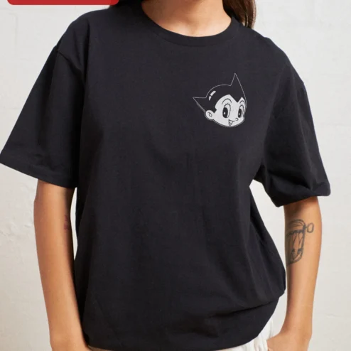 Astro Boy Tee Minimalist White Line Art Graphic Black Oversized Cotton Shirt for Anime Fans