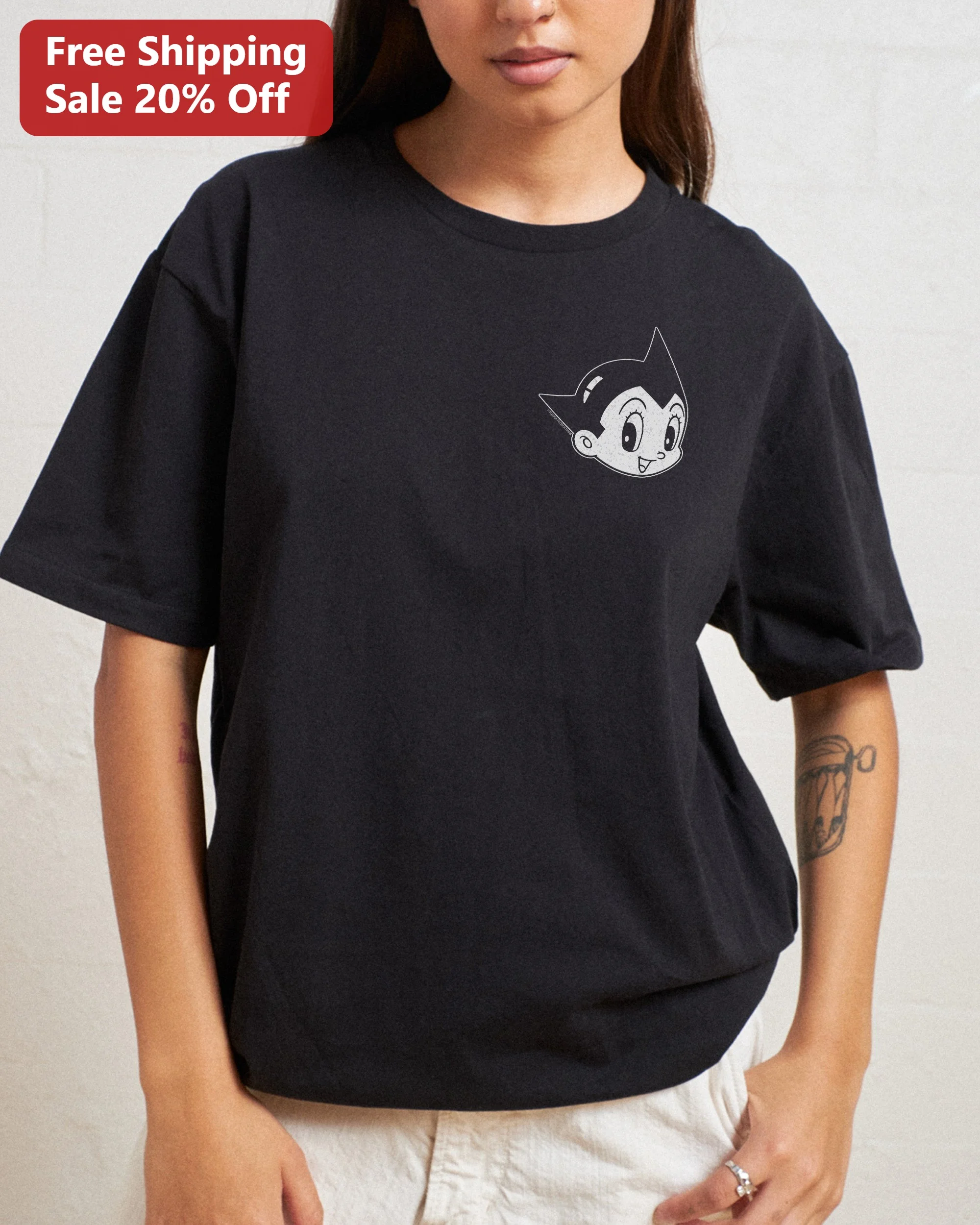 Astro Boy Tee Minimalist White Line Art Graphic Black Oversized Cotton Shirt for Anime Fans