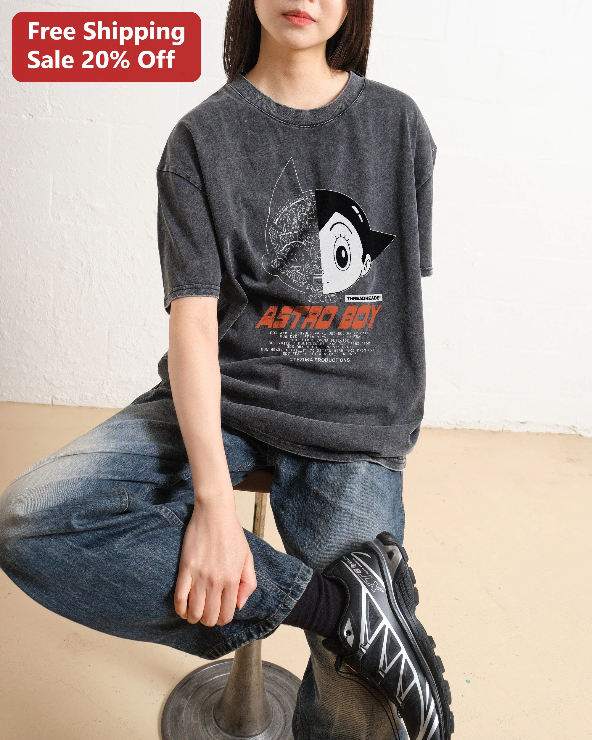 Astro Boy Vintage Acid Wash Tee Retro Anime Graphic T-Shirt for Men Women