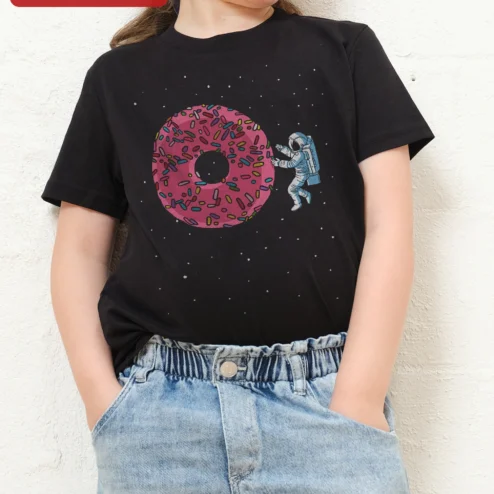 Astronaut and Donut Space Graphic Tee for Kids Funny Cosmic Food Humor Shirt
