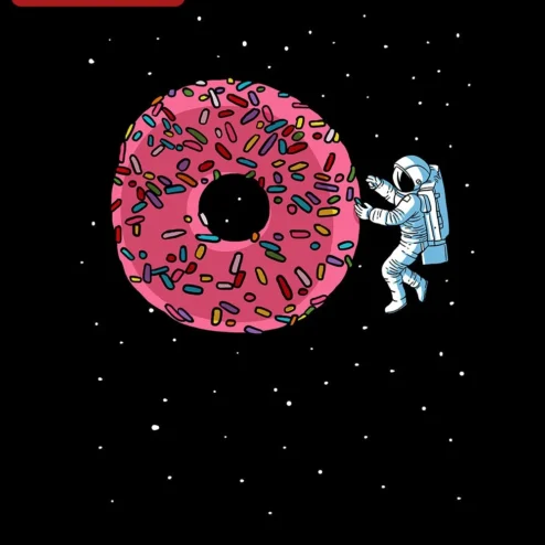 Astronaut and Donut Space Illustration Tee Funny Whimsical Sci-Fi Graphic Shirt Gift for Space Enthusiasts
