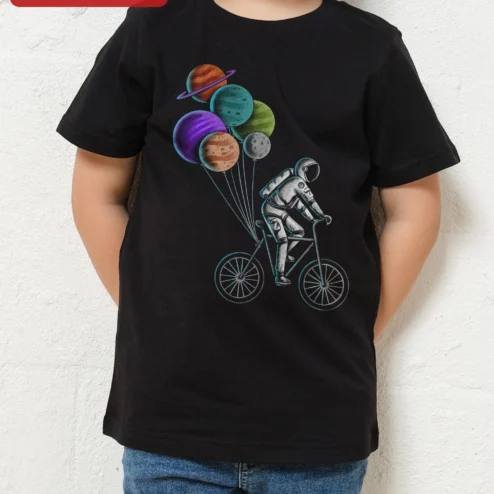 Astronaut Bicycle Space Adventure Tee Kids Cosmic Bike Graphic Shirt