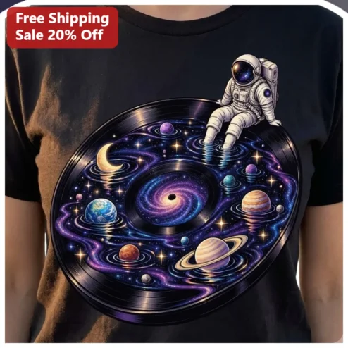Astronaut Floating on Cosmic Vinyl Record Tee Space Music Lover Gift Retro Sci-Fi Graphic Shirt
