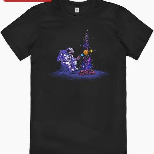 Astronaut Roasting Planets Campfire Space Theme Graphic Tee for Men Women on a hanger, ready to ship from Chicago, Illinois