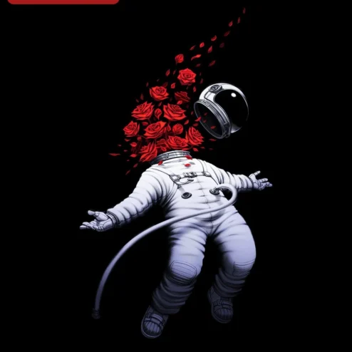 Astronaut Roses Surreal Art Poster Dark Space Floral Wall Decor for Sci-Fi Fans