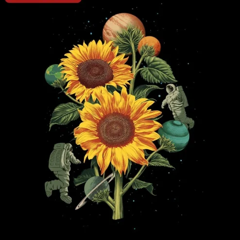 Astronaut Sunflower Art Print Cosmic Floral Space Botanical Wall Decor Vintage Celestial Illustration