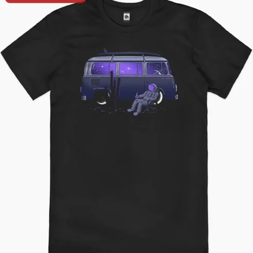 Astronaut Van Galaxy Chill Tee Retro Space Camping Psychedelic Vaporwave Graphic Shirt on a hanger, ready to ship from Chicago, Illinois
