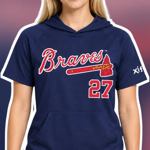 Atlanta Braves Hoodie Navy Blue Fan Gear Pullover for Women Baseball Fans