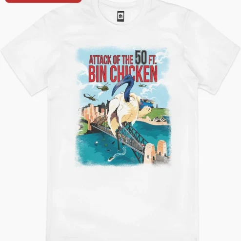 Attack of the 50 Ft. Bin Chicken Tee Retro B-Movie Parody Graphic Shirt for Men Women on a hanger, ready to ship from Chicago, Illinois